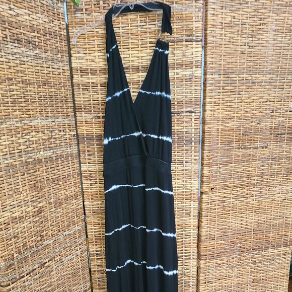 Young Fabulous & Broke Maxi Dress Women L Boho Chic Tie Dye Black & White Halter - Picture 1 of 10